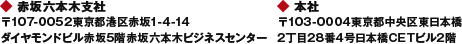 （本社）〒103-0004 東京都中央区東日本橋2丁目28番4号 日本橋CETビル2階 （赤坂六本木支社）〒107-0052 東京都港区赤坂1-4-14 ダイヤモンドビル赤坂5階 赤坂六本木ビジネスセンター